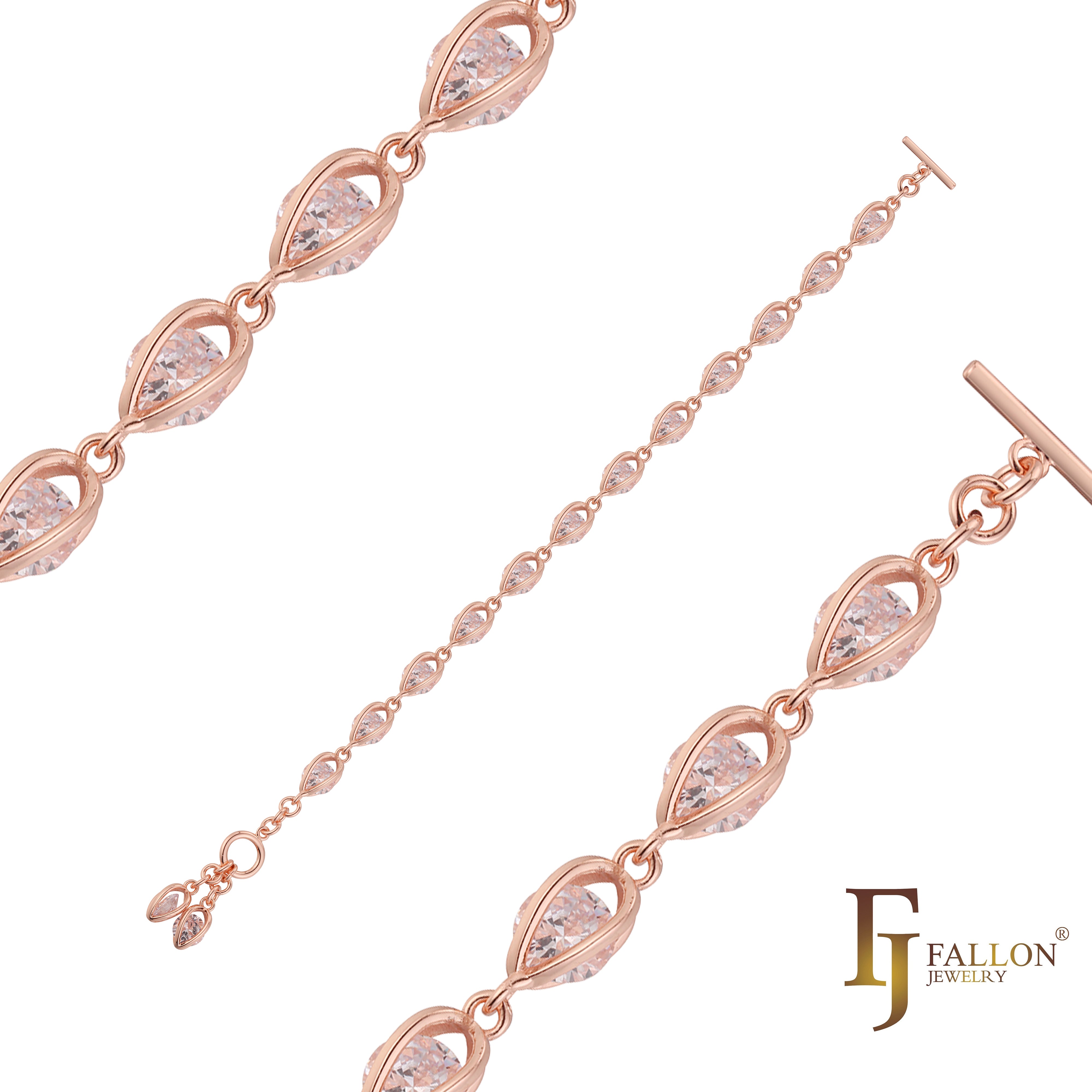 Stones in cages fancy link bracelets plated in 14K Gold, Rose Gold colors