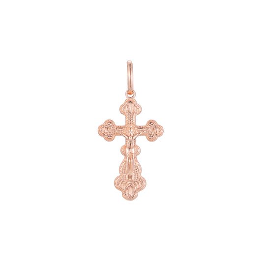 Colgante de cruz católica con capullo en Oro 14K, dos tonos de oro rosa y baño de oro blanco