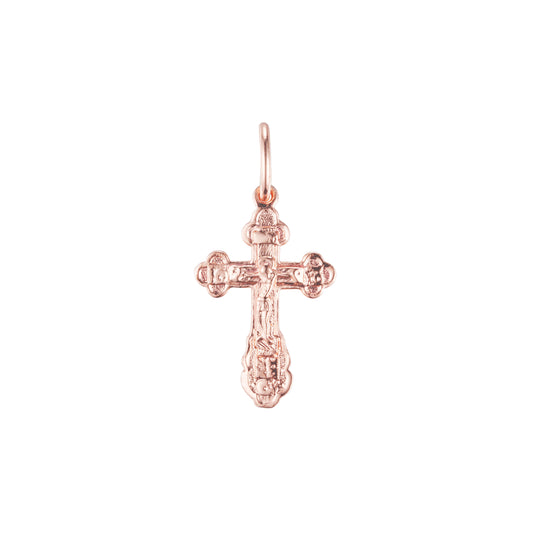 Colgante cruz católica con capullo en colores baño de Oro 14K, Oro Rosa, Oro Blanco