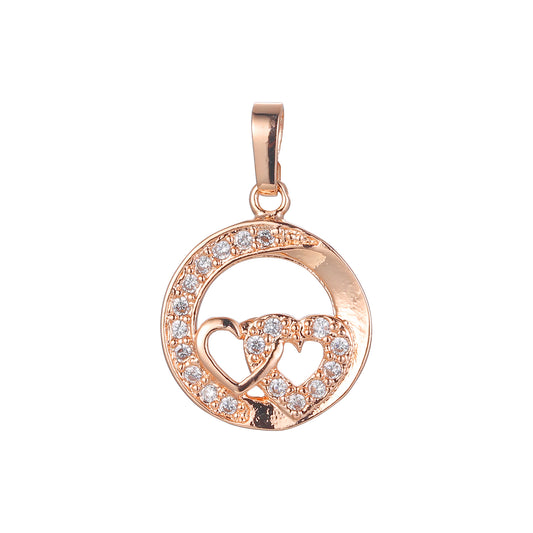 Colgante de oro rosa de regalo de San Valentín con circonita cúbica blanca pavimentada de corazones dobles