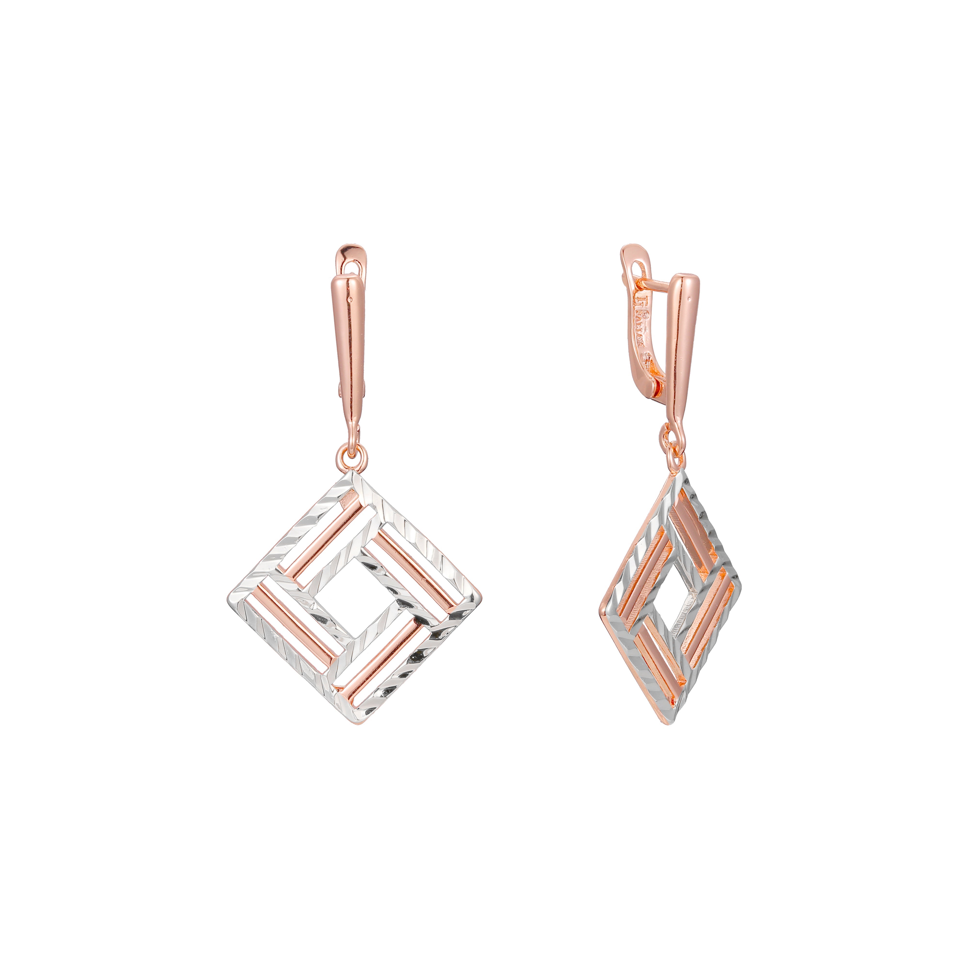 Aretes Rombos en Oro 14K, Oro Rosa, baño de dos colores