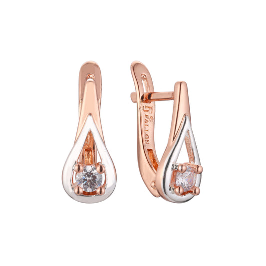 Rose Gold two tone teardrop solitaire white cz earrings