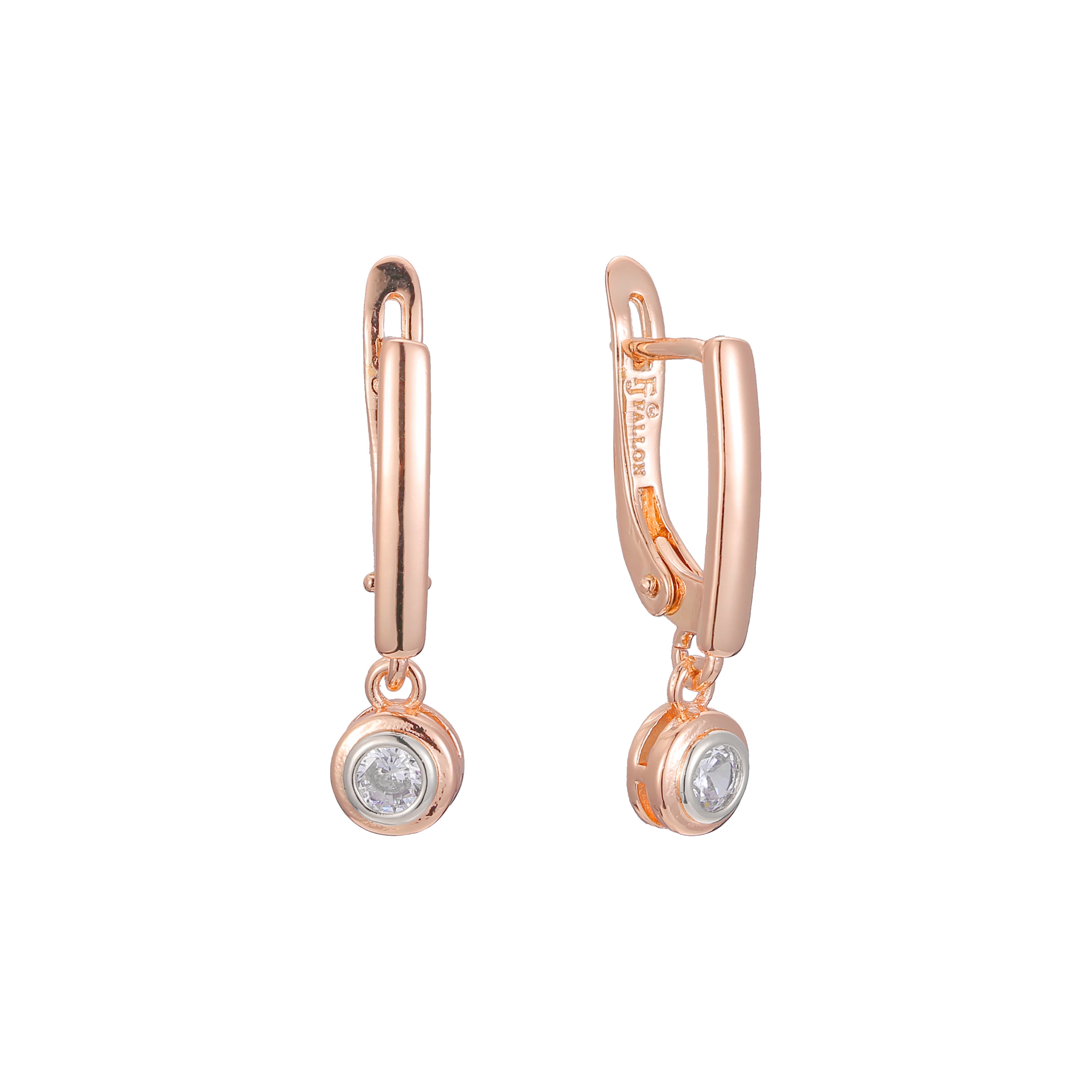 Aretes colgantes solitarios en Oro 14K, oro rosa, baño de dos tonos