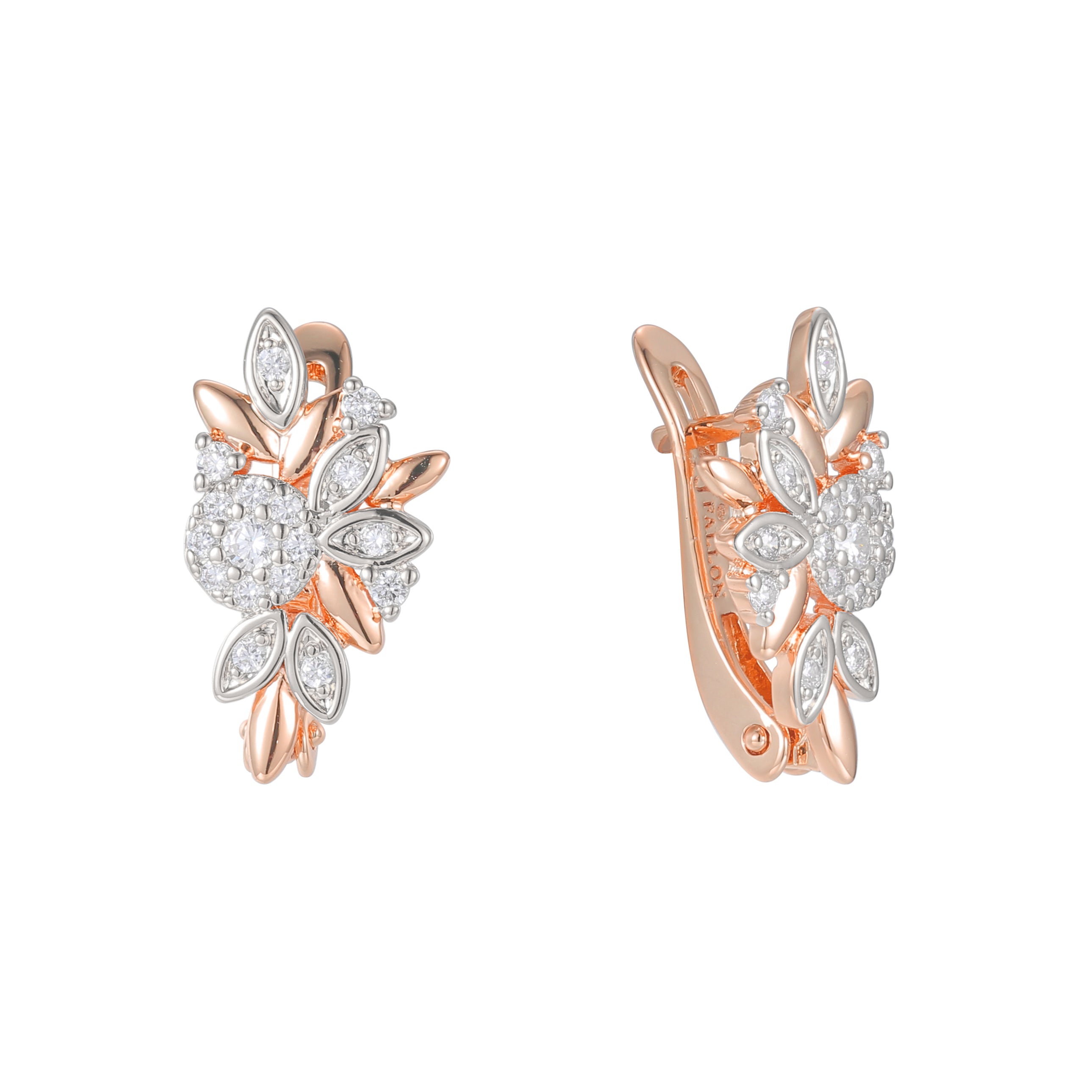 Flower and leaves cluster earrings in 14K Gold, Rose Gold, two tone plating colors