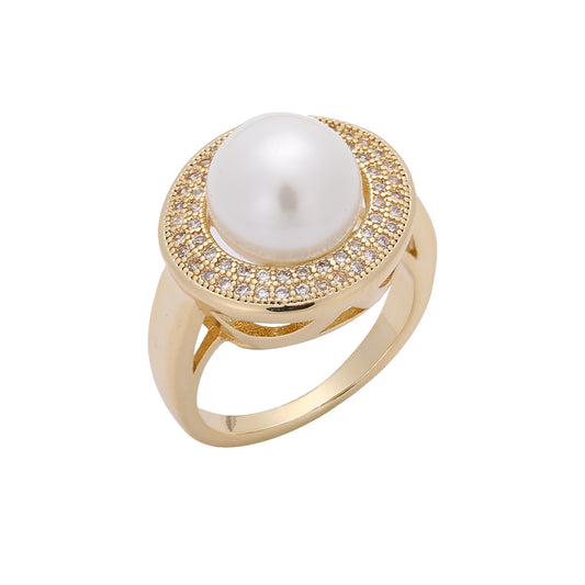 Solitario perla halo pavimentado blanco cz Anillos de oro de 14K