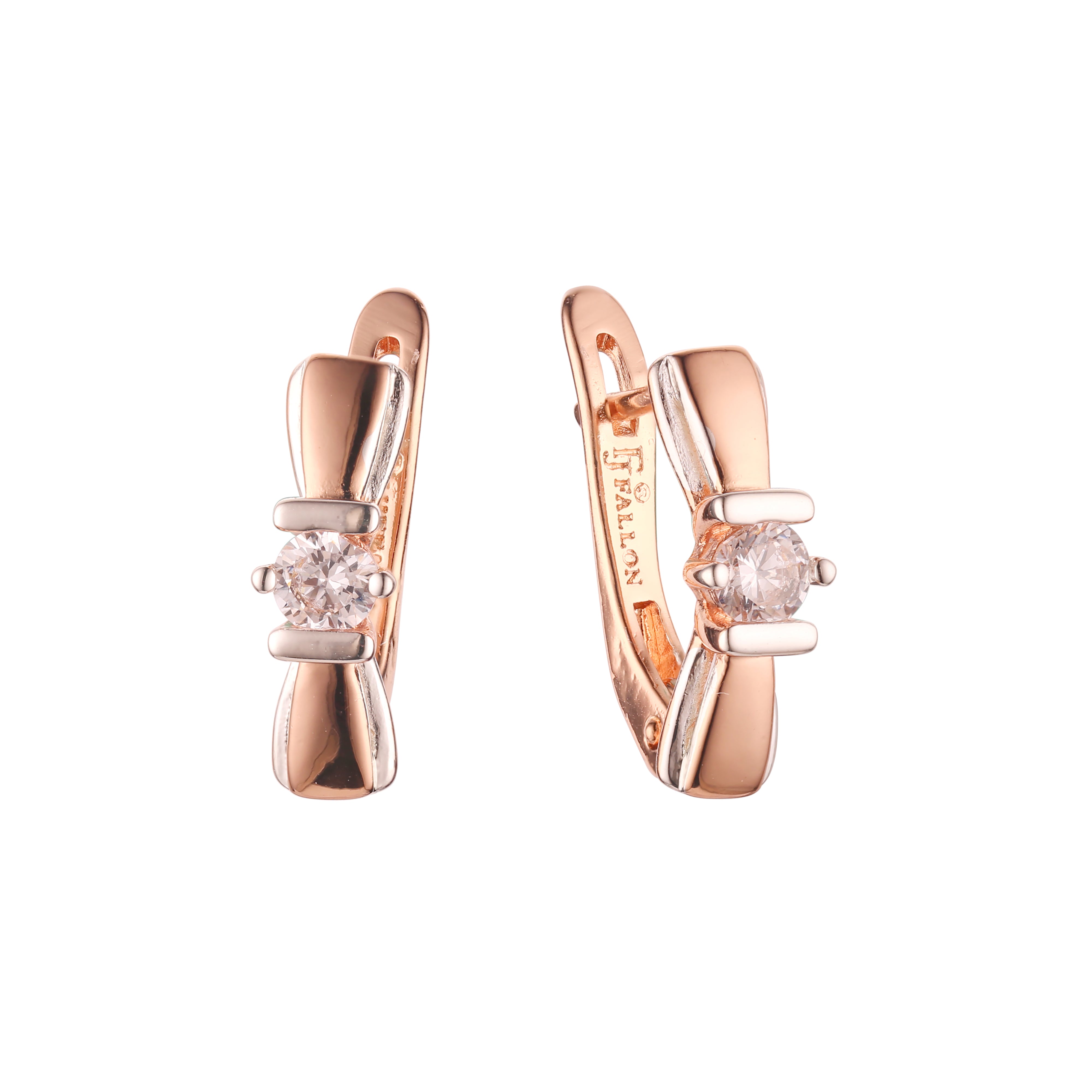 Rose Gold two tone quatrefoil ribbon solitaire white cz earrings