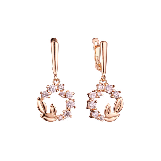 Brincos luxuosos com cachos de folhas em ouro 14K, cores banhadas a ouro rosa