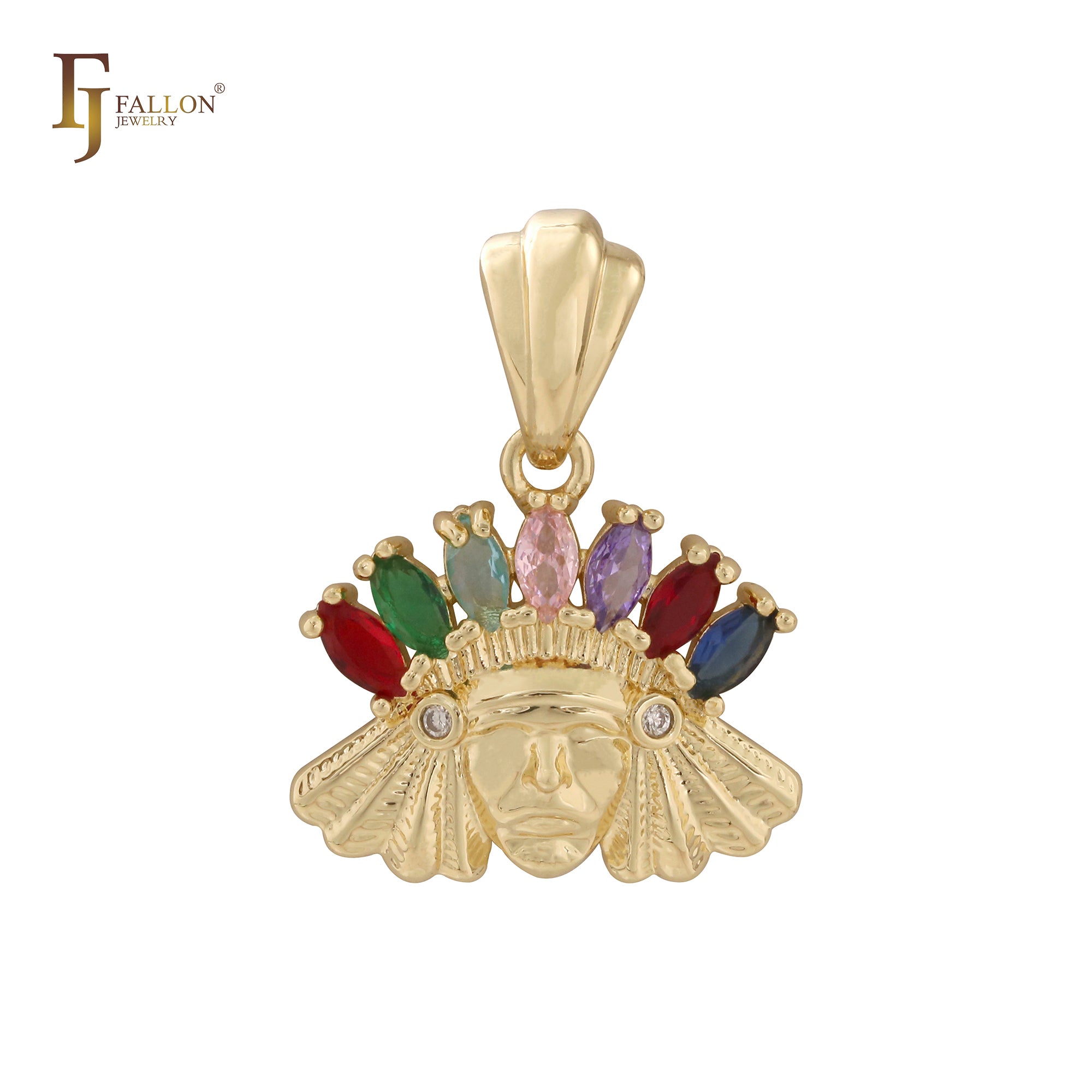 Indian Chief colorful Marquise CZs 14K Gold pendant