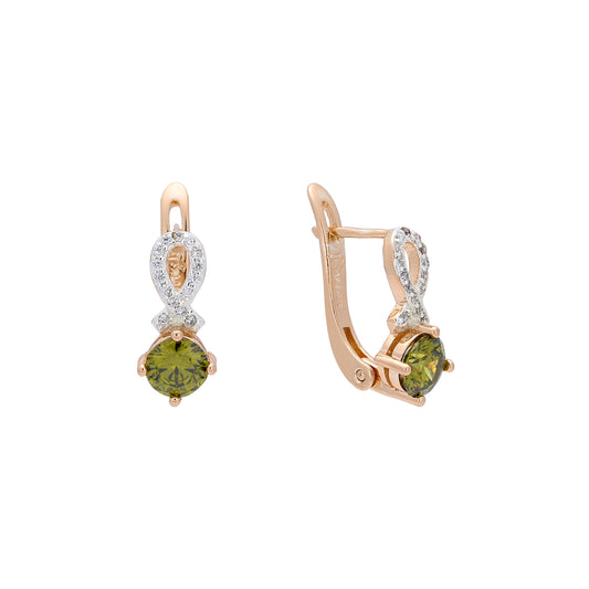 Rose Gold two tone earringswith Olive Green stone