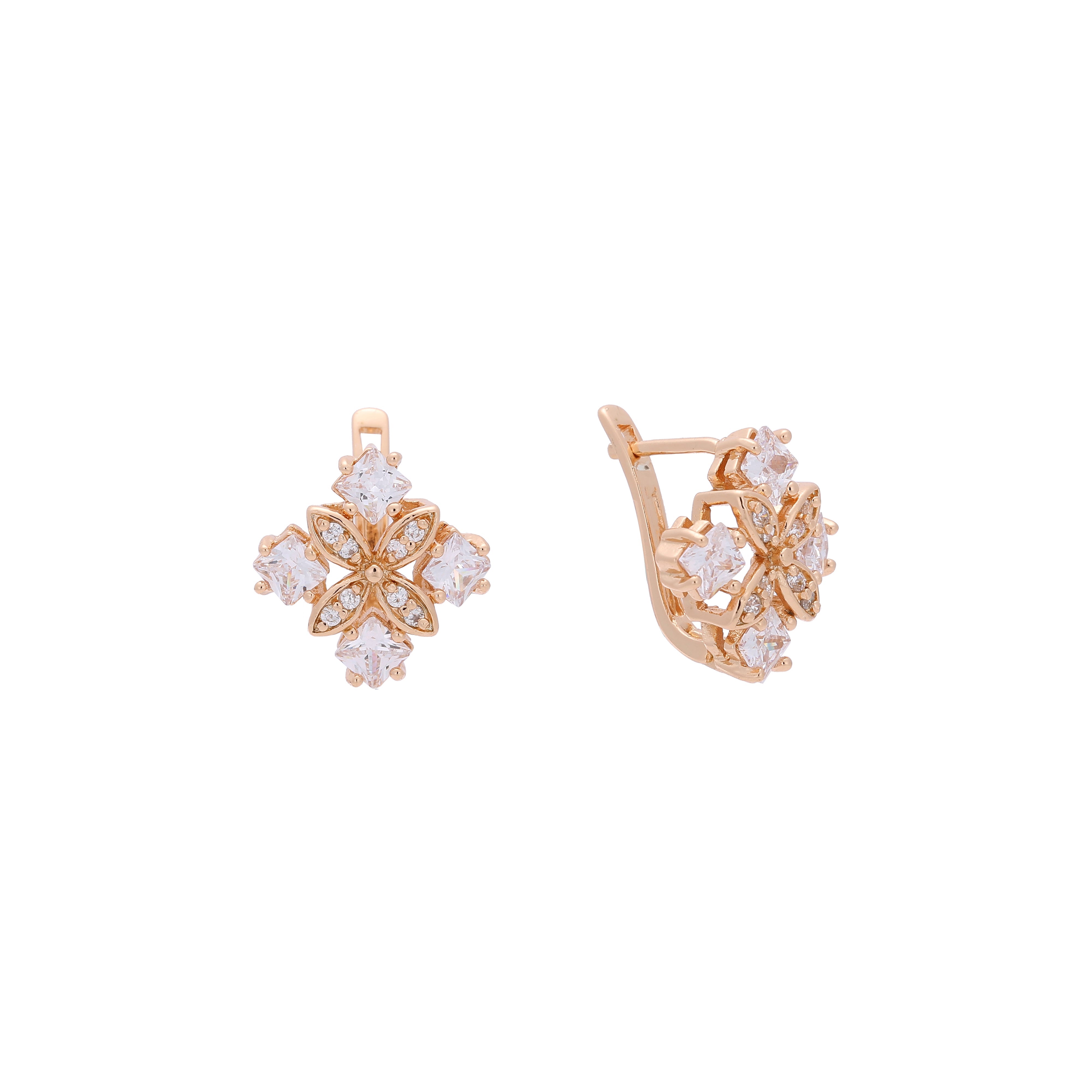 Cluster squared CZs flower Rose Gold, two tone Earrings