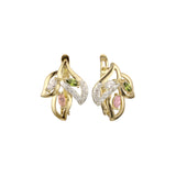 Three leaves cluster colorful CZ earrings in 14K Gold, Rose Gold, two tone plating colors