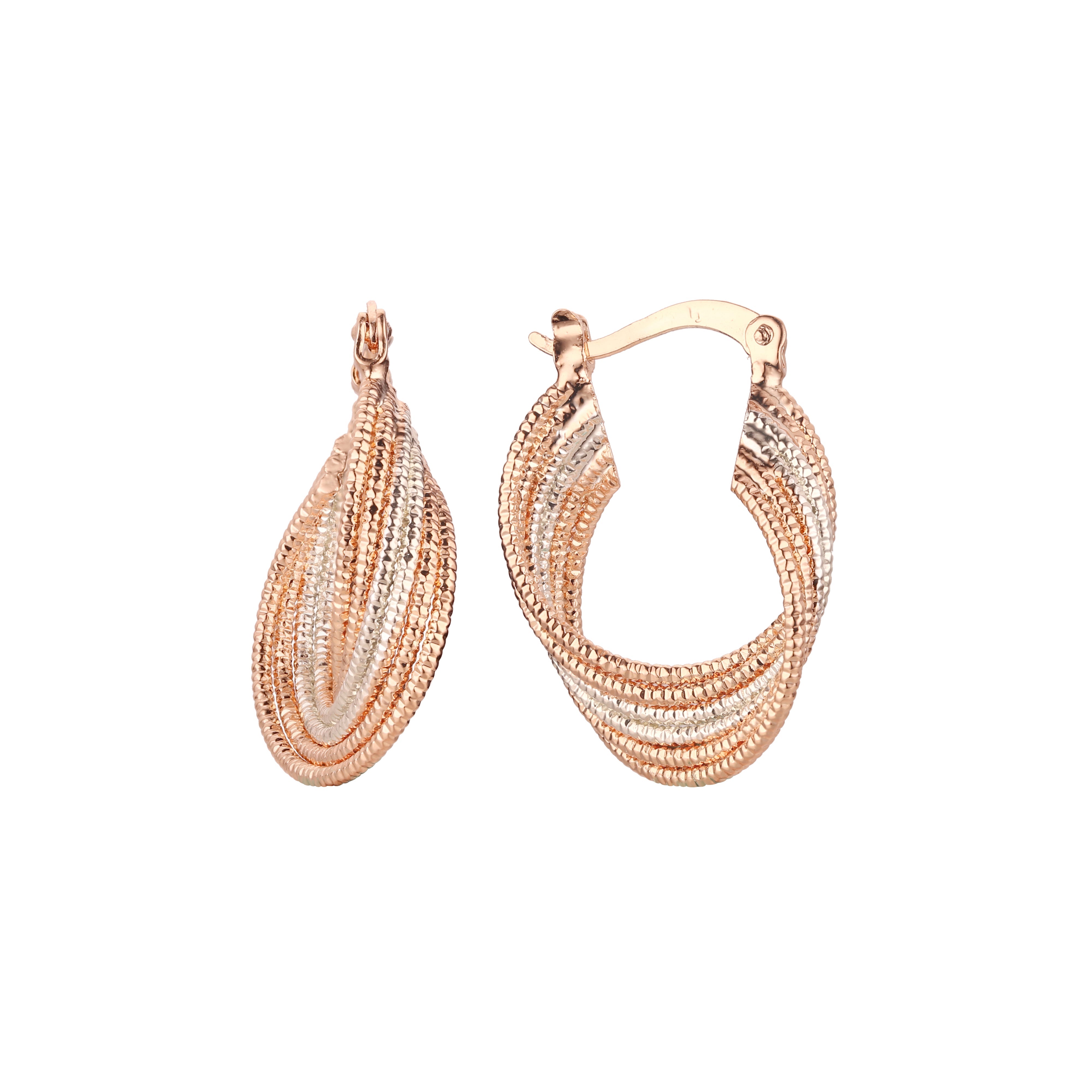 Aretes geométricos tipo argolla en Oro 14K, Oro Rosa, baño en dos colores