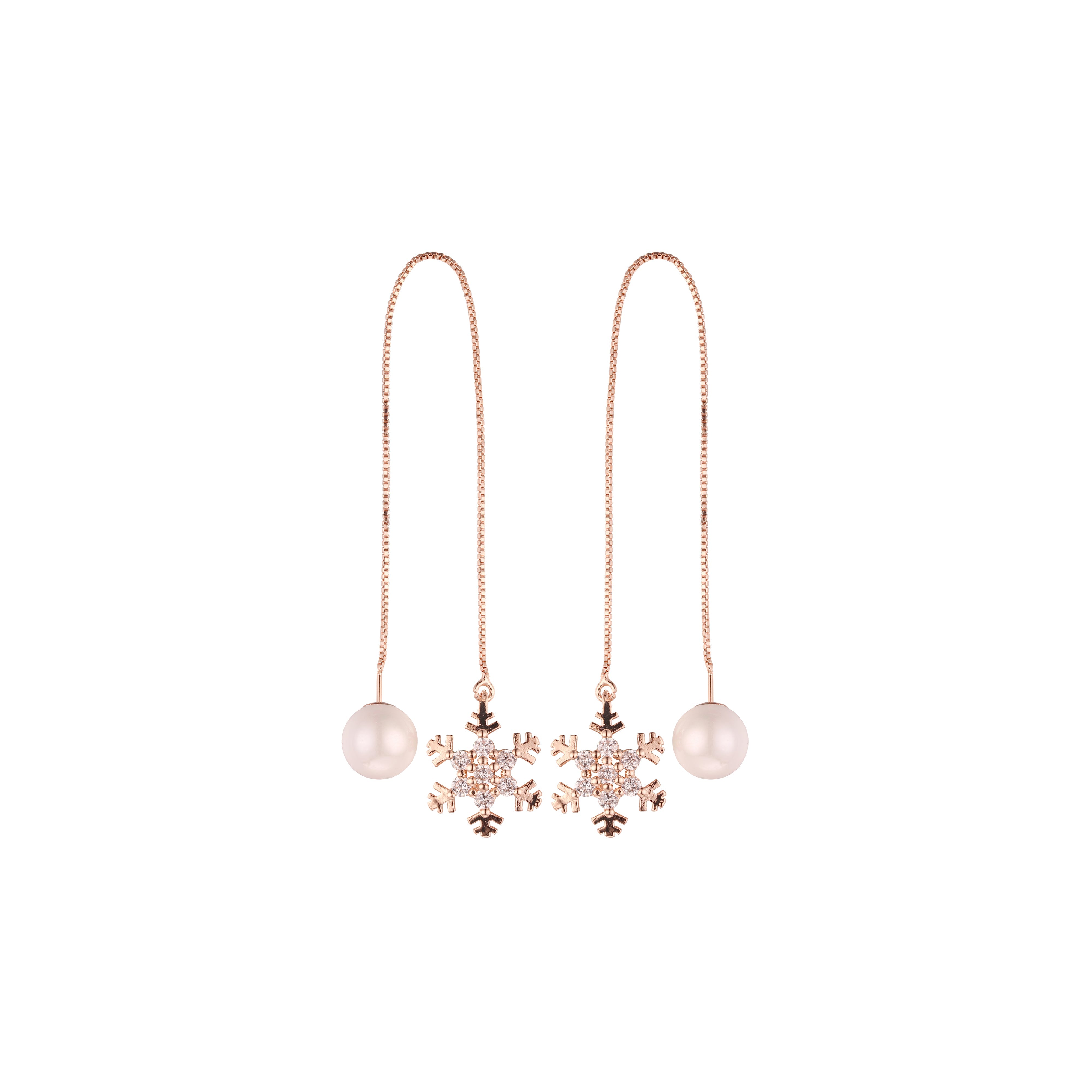 Rose Gold threader pearl earrings with a snow flake