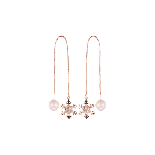 Rose Gold threader pearl earrings with a snow flake