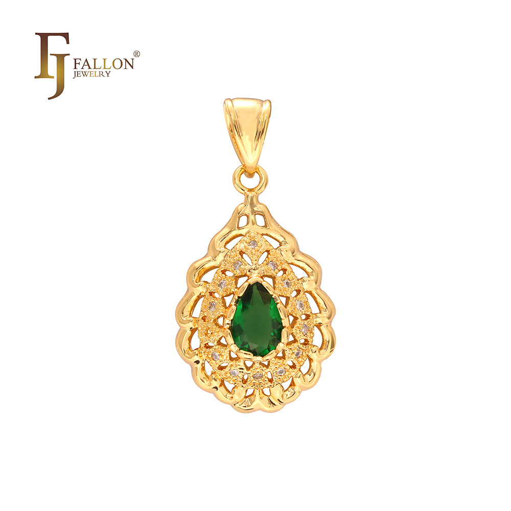 Filigree teardrop colorful CZ solitaire pendant