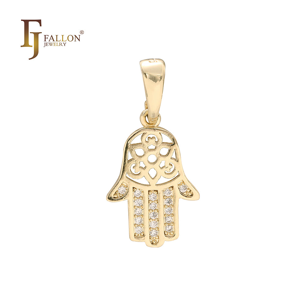 Hamsa paved white CZs 14K Gold pendant