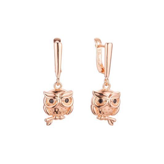 Owl cluster earrings in 14K Gold, Rose Gold plating colors