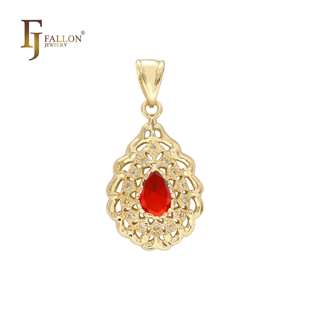 Filigree teardrop colorful CZ solitaire pendant