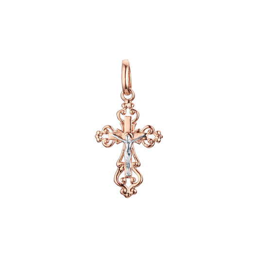 Catholic cross budded pendant in Rose Gold two tone, 14K Gold plating colors