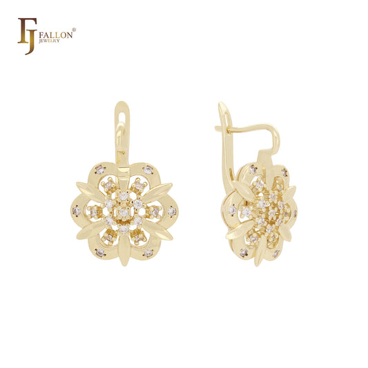 Flower shape cluster White CZs 14K Gold, Rose Gold Earrings