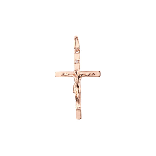 Colgante cruz católica latina en Oro Rosa bicolor, baño de Oro 14K colores