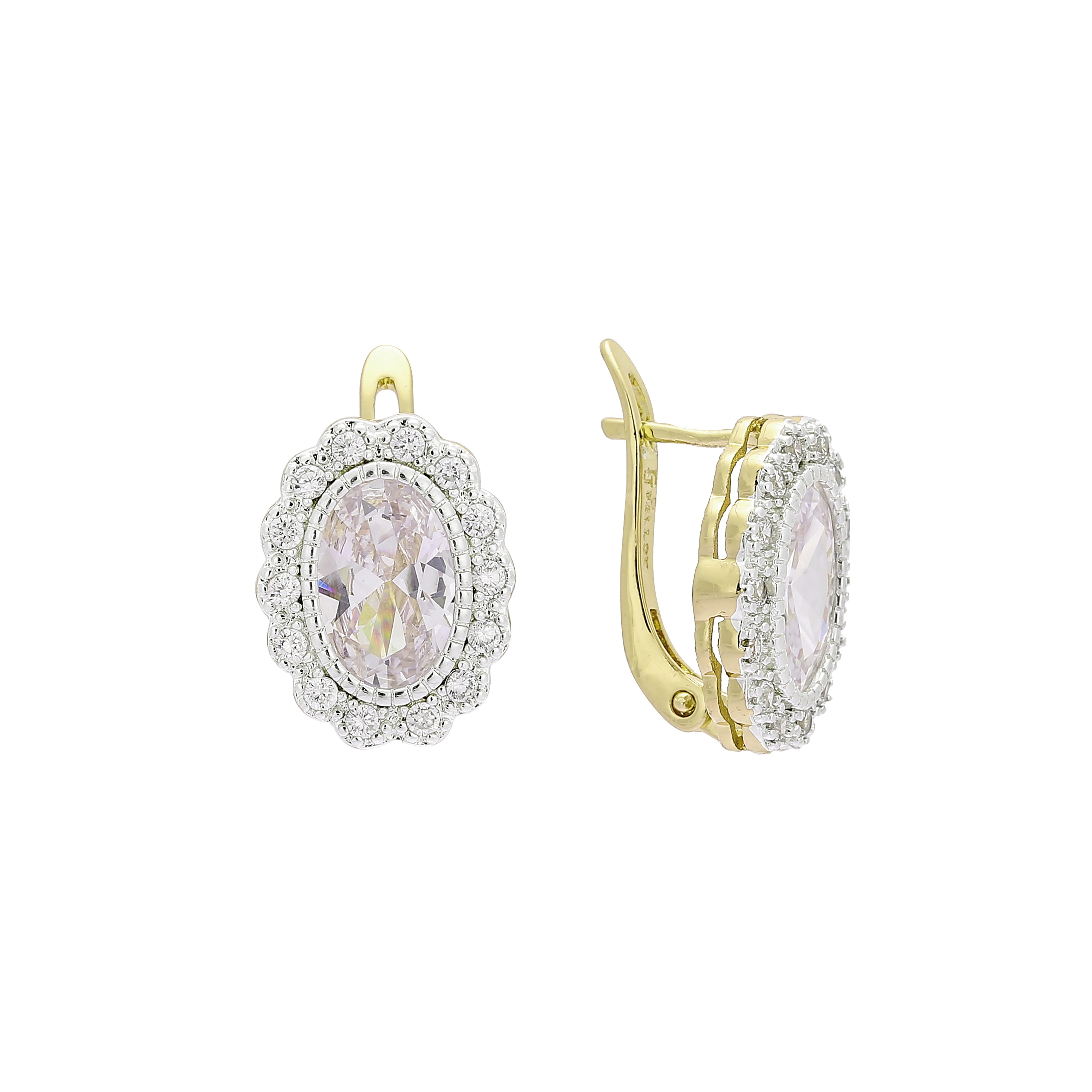 Big stone halo earrings in 14K Gold, Rose Gold, two tone plating colors