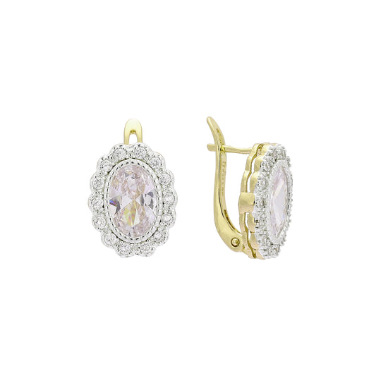 Big stone halo earrings in 14K Gold, Rose Gold, two tone plating colors