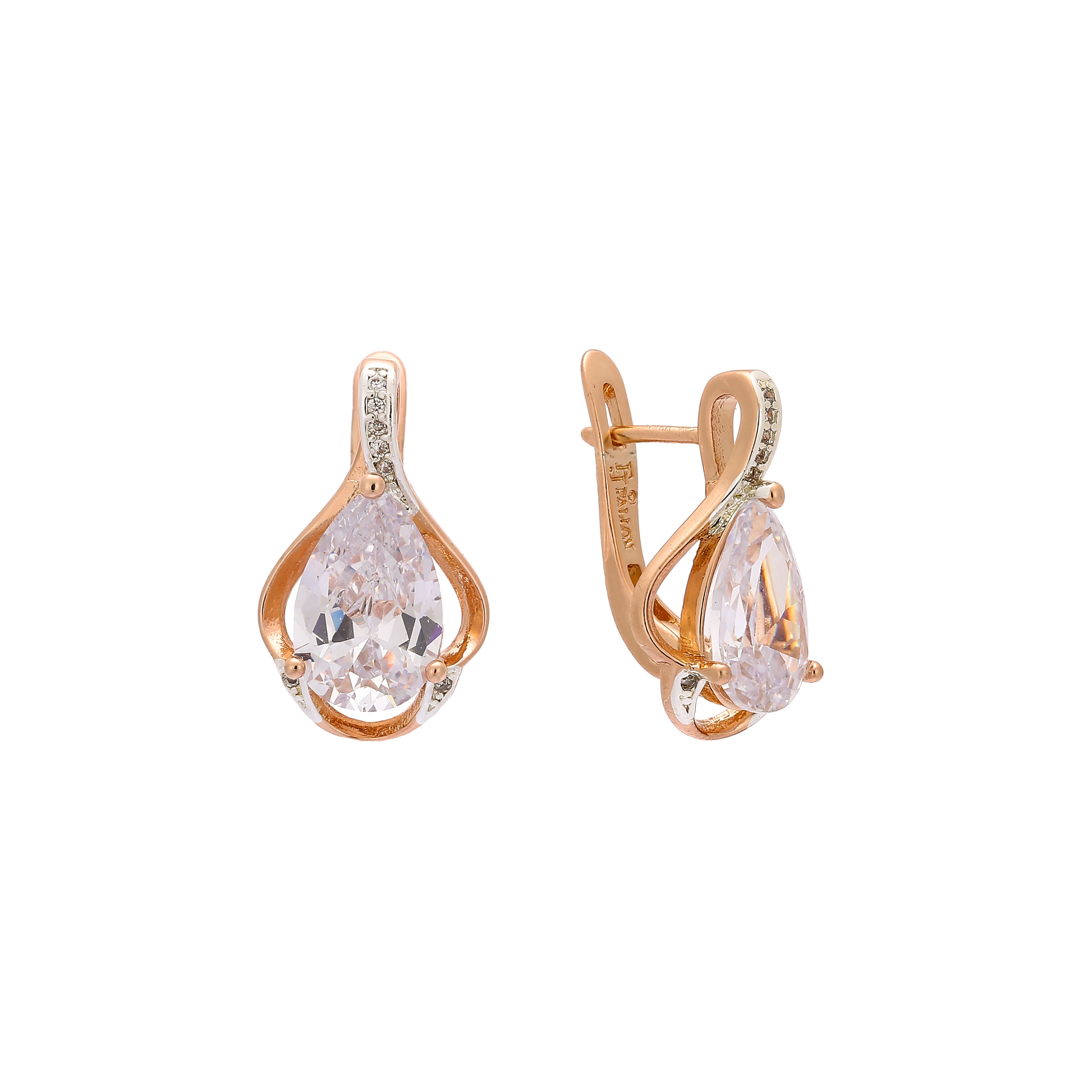 Solitaire teardrop earrings in Rose Gold, two tone plating colors