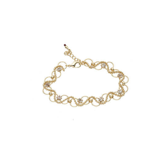 Cordão de miçangas e elos de anel com pulseiras de ouro branco cz 14K