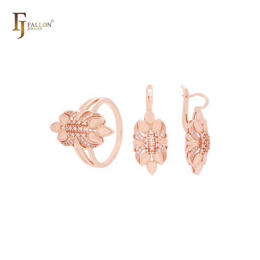 Six leaves cluster white CZs Rose Gold Jewelry Set with Rings