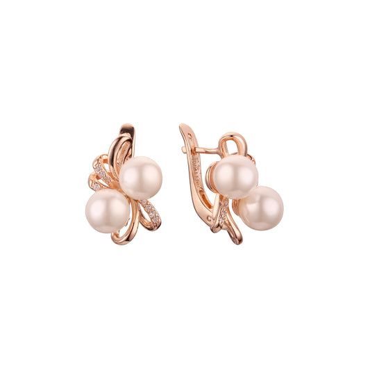 Double pearl in a ribbon earrings in Rose Gold, two tone plating colors