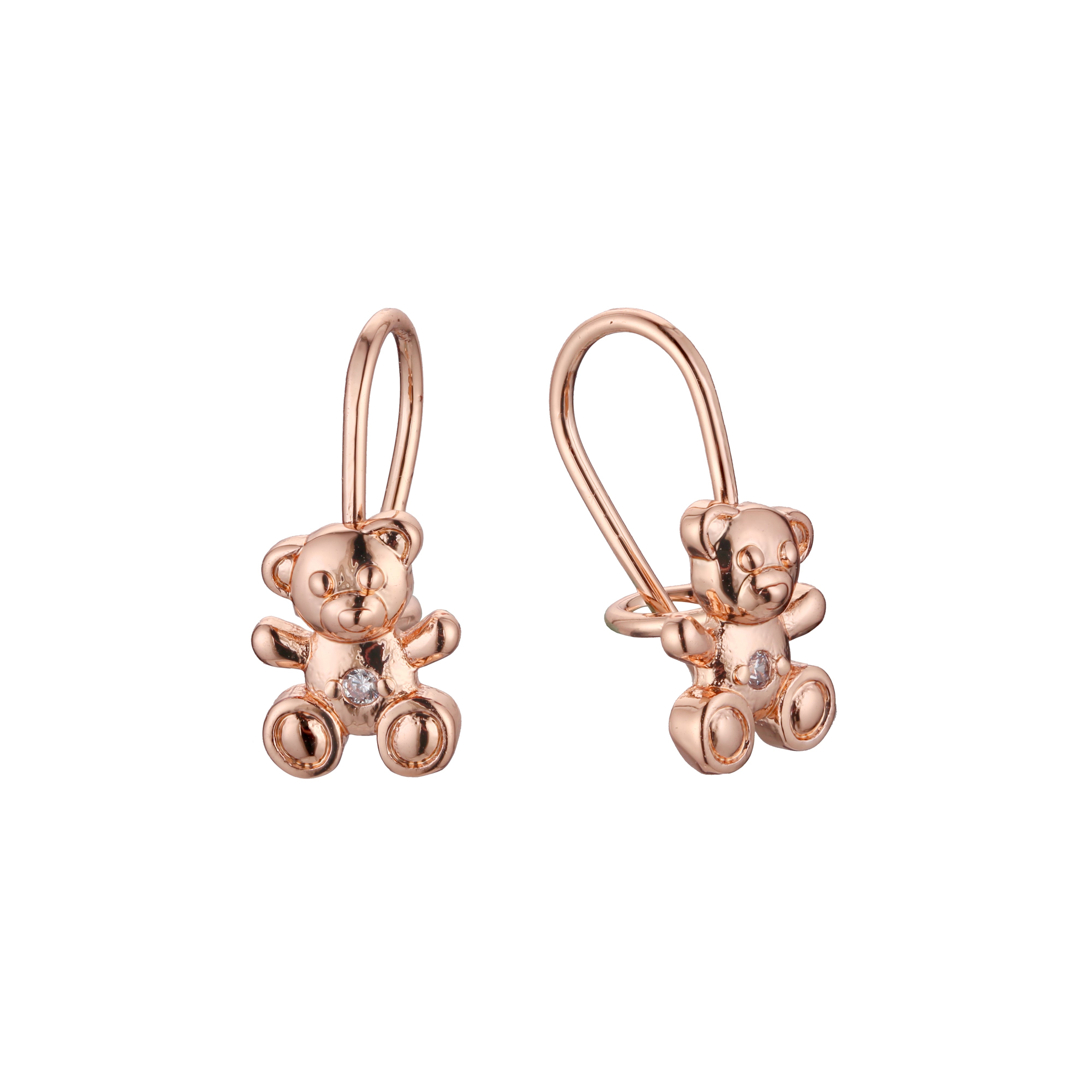 Wire hook bear solitaire child earrings in 14K Gold, Rose Gold plating colors