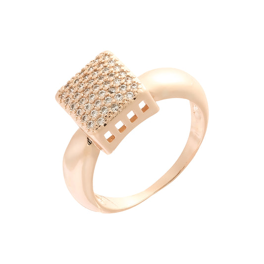 Cubo cuadrado pavimentado con cúmulo de circonitas blancas Oro 14K, anillos de oro rosa