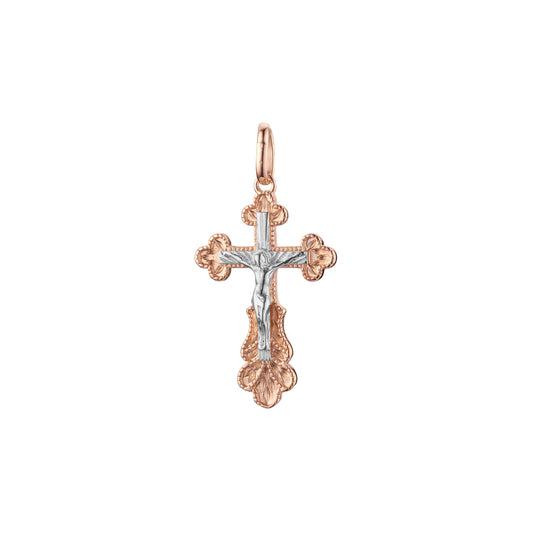 Catholic cross budded pendant in Rose Gold two tone, 14K Gold plating colors