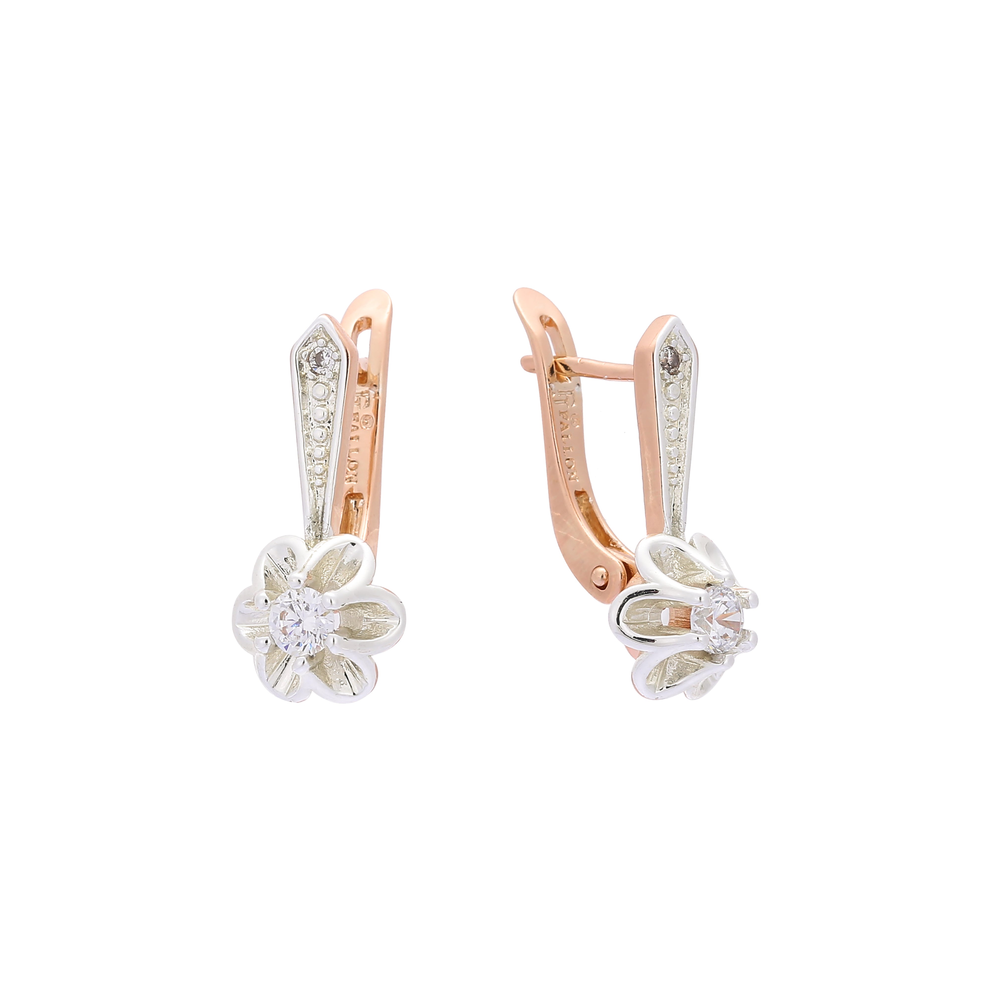 Aretes flor solitaria en Oro 14K, Oro Rosa, baño de dos tonos