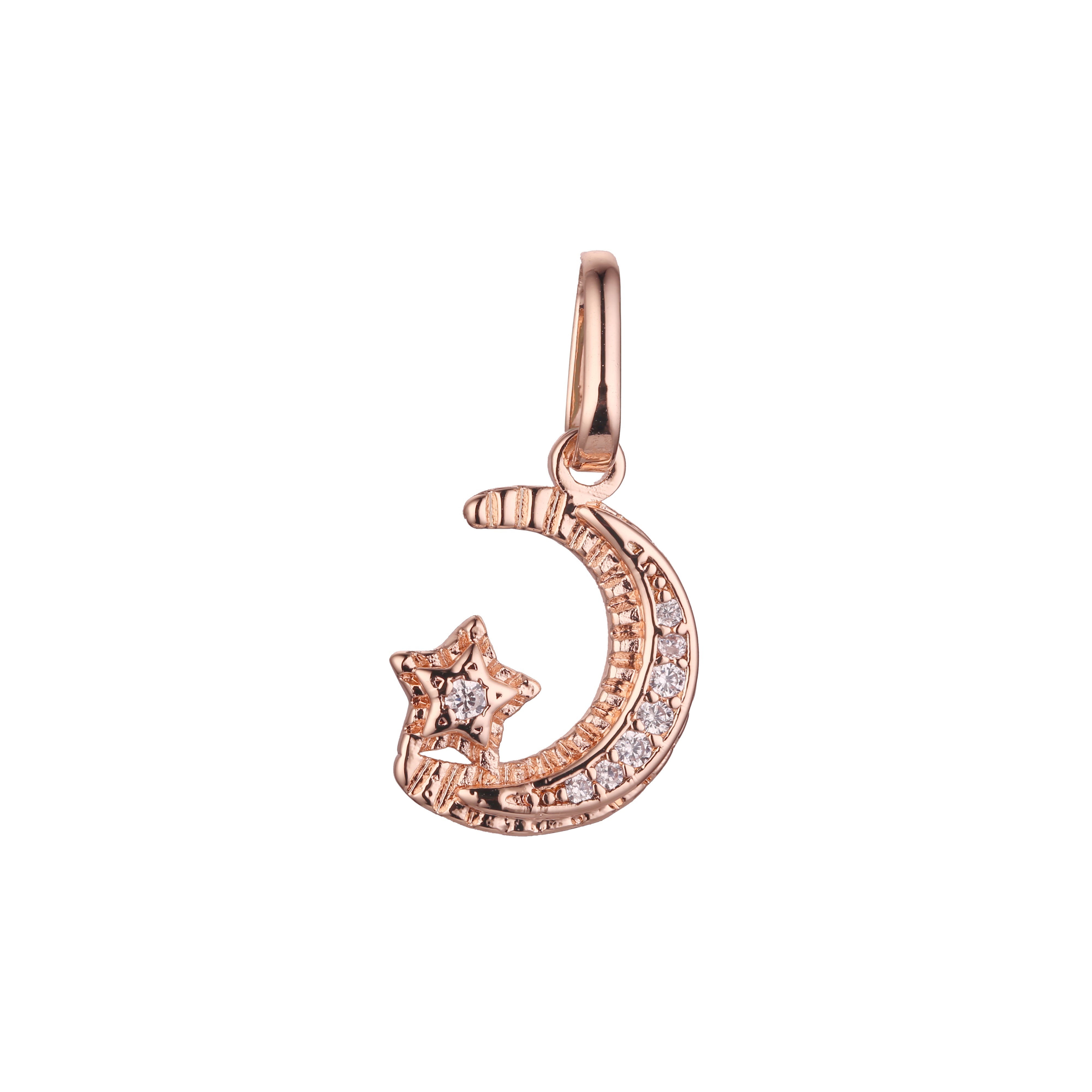 Pingente de estrela e lua crescente em ouro rosa, ouro 14K, cores banhadas a ouro branco