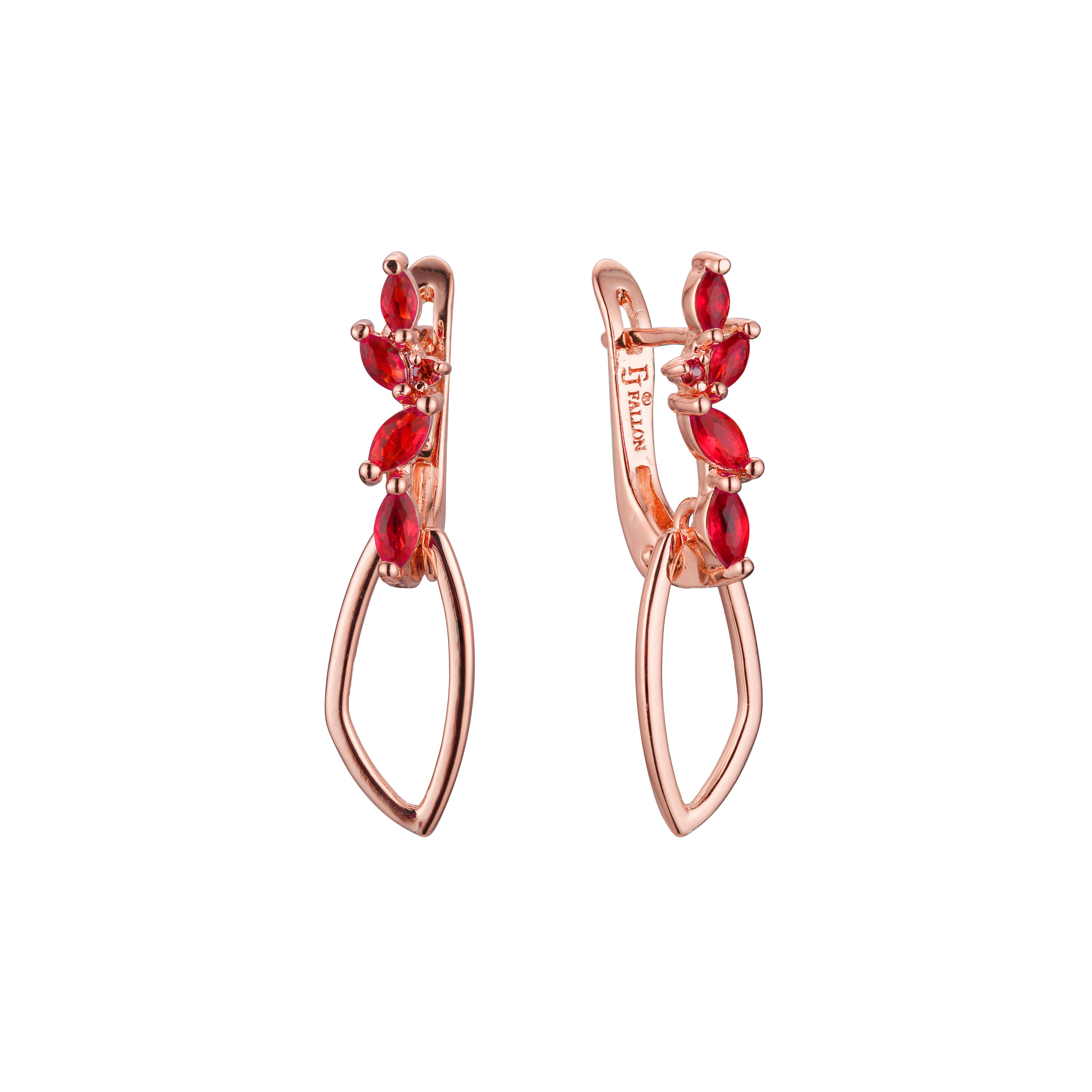 Cluster three red stones earrings in 14K Gold, Rose Gold, two tone plating colors