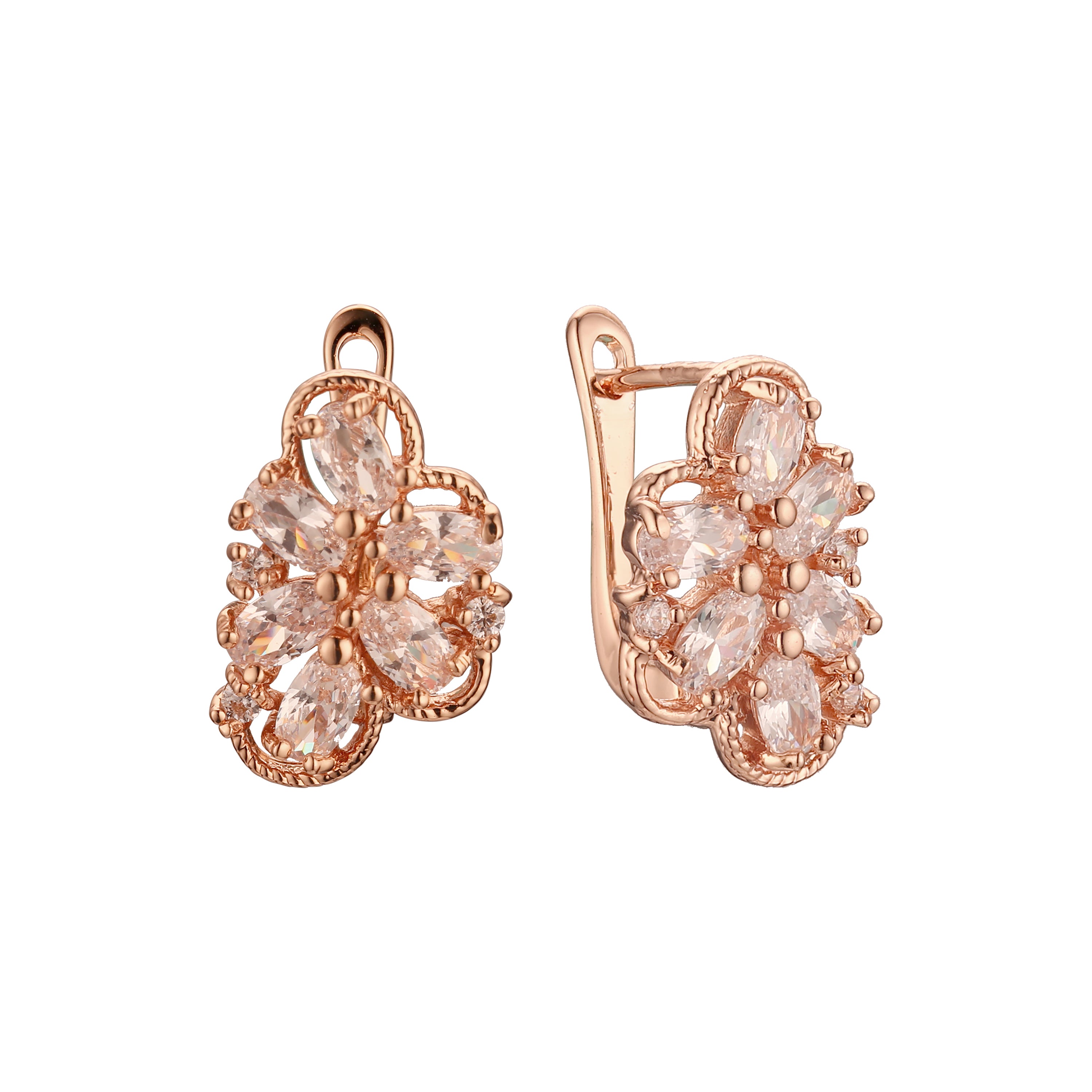 Pendientes de racimo de flores de oro rosa CZ blanco