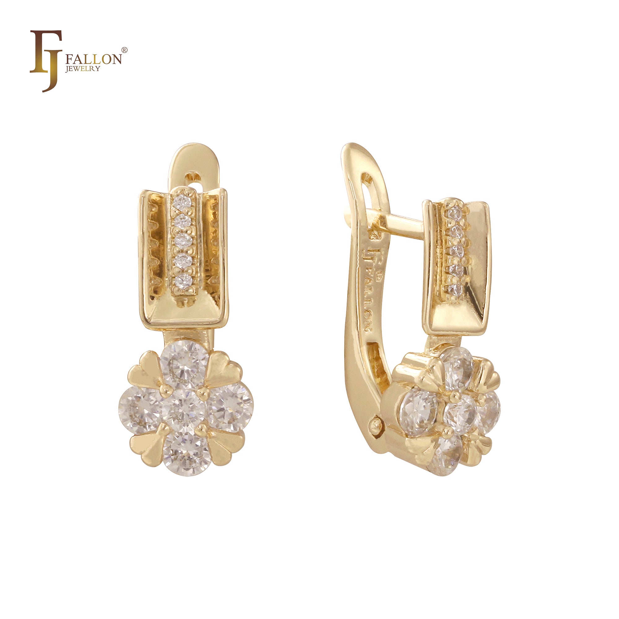 Flower white CZs cluster 14K, Rose Gold, White Gold earrings