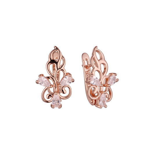 Luxurious three stones cluster earrings in 14K Gold, Rose Gold plating colors