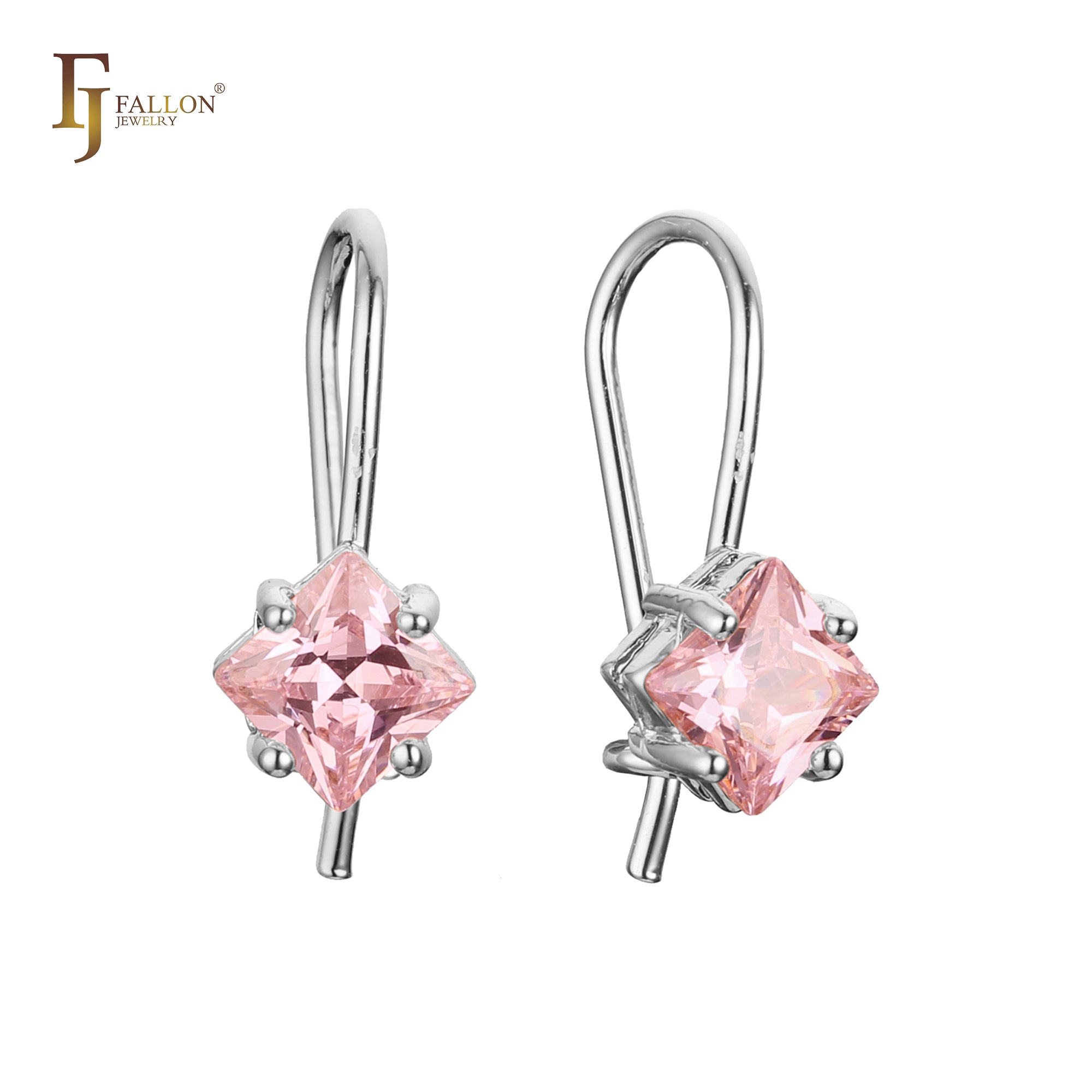 Solitaire squared CZ wire hook earrings in 14K Gold, Rose Gold, plating colors