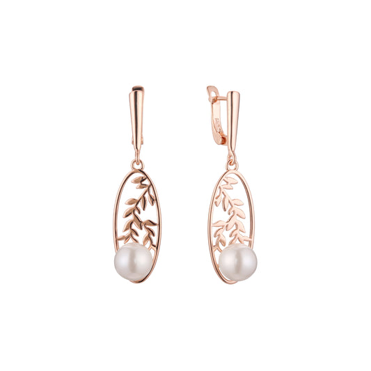 Elegantes aretes colgantes de hojas de perla en Oro de 14K, colores baño de Oro Rosa