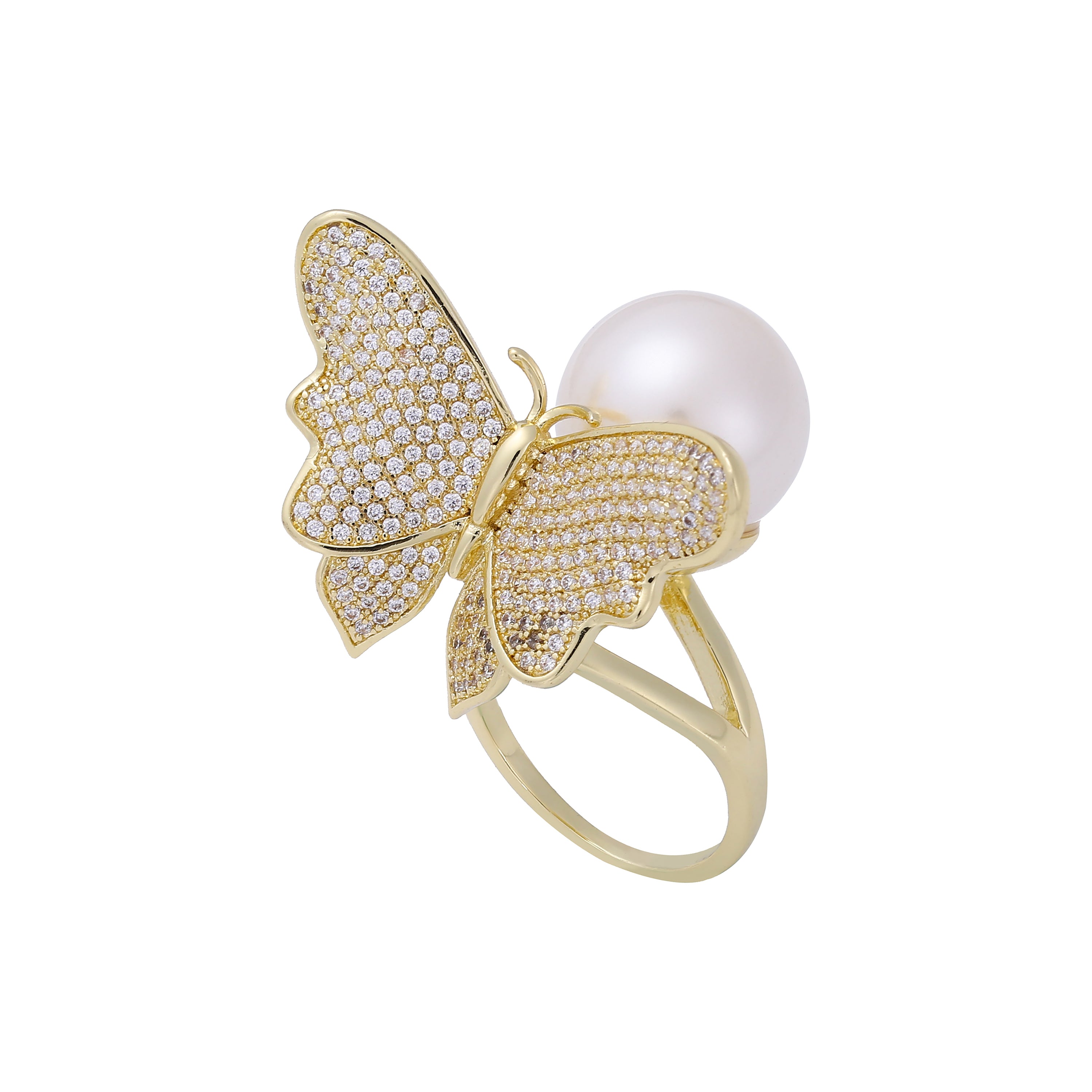 Paved white cz butterfly and solitaire pearl Rose Gold, 14K Gold rings