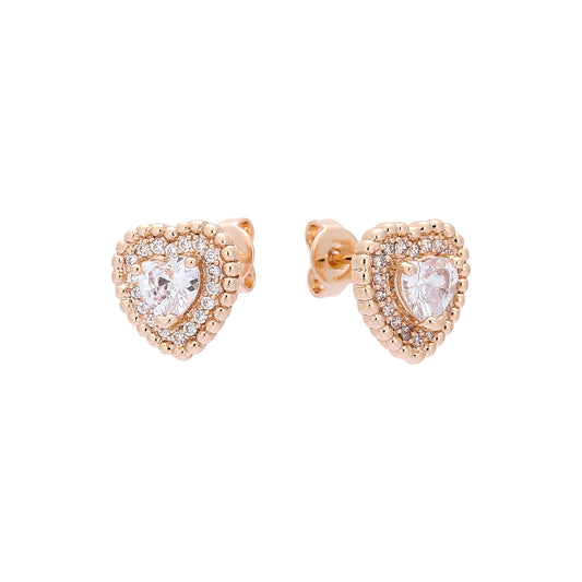 Solitaire heart halo paved white cz Rose Gold stud earrings