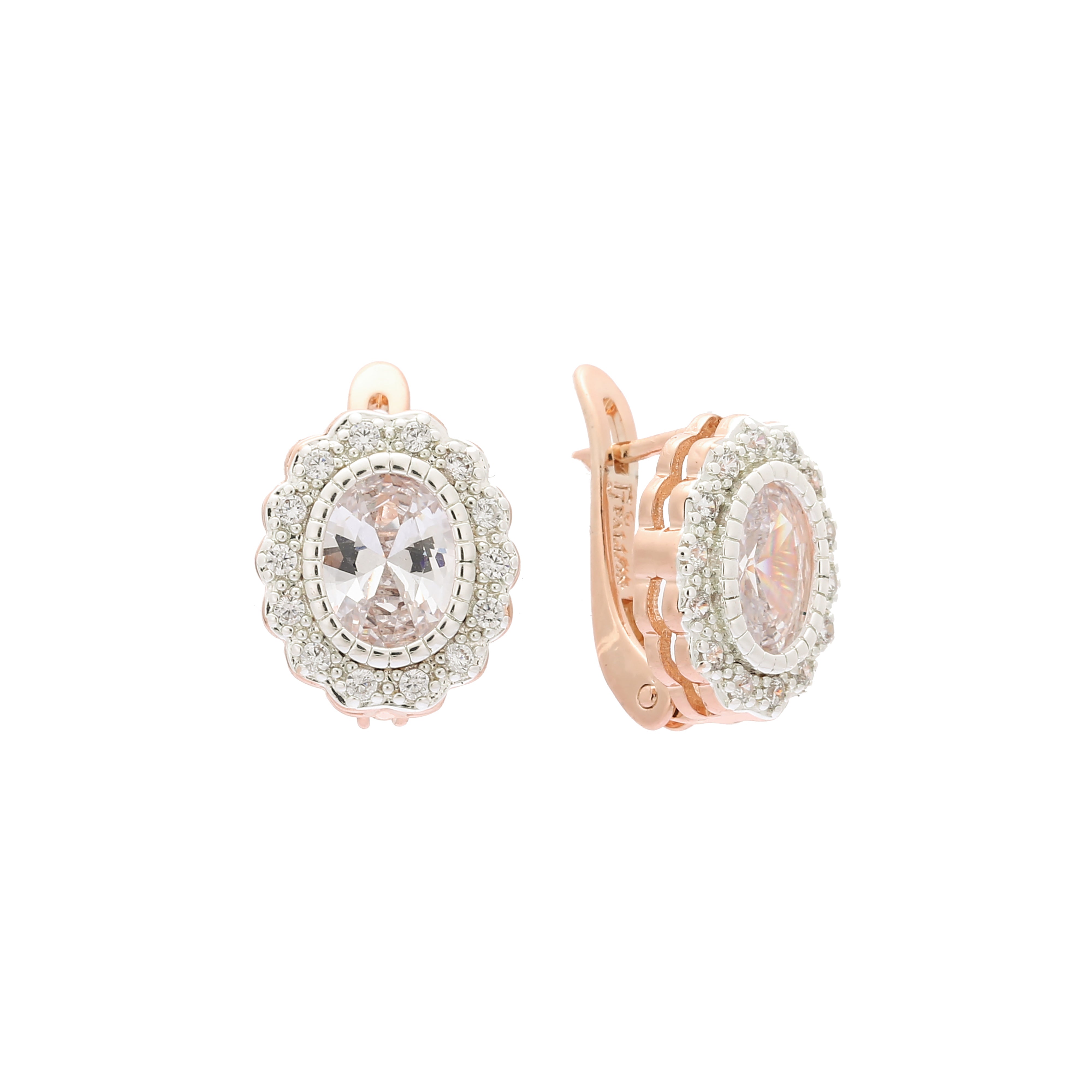 Rose Gold two tone big stone halo earrings