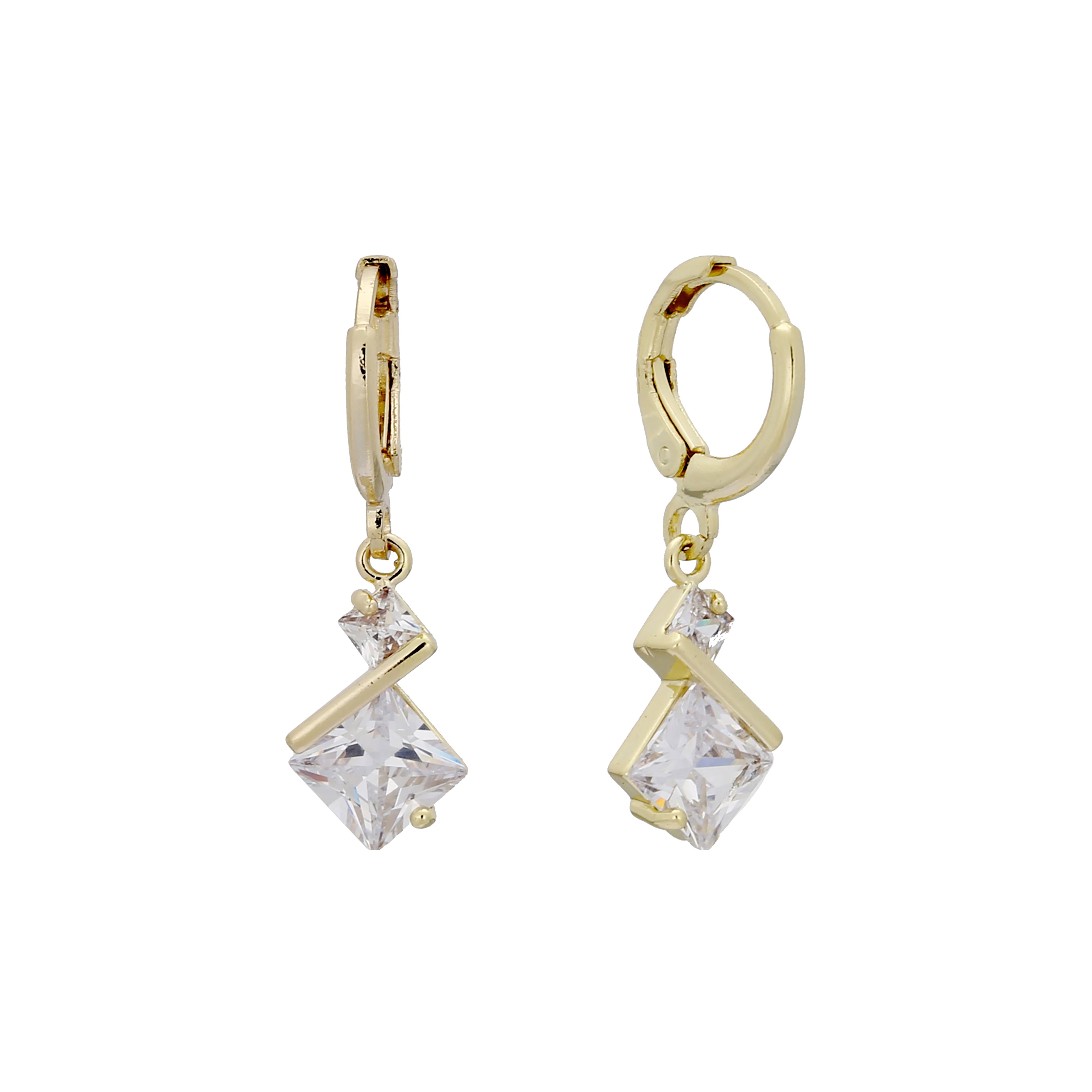 Rhombus solitaire big stone drop huggie earrings in 14K Gold, 18K Gold, Rose Gold plating colors