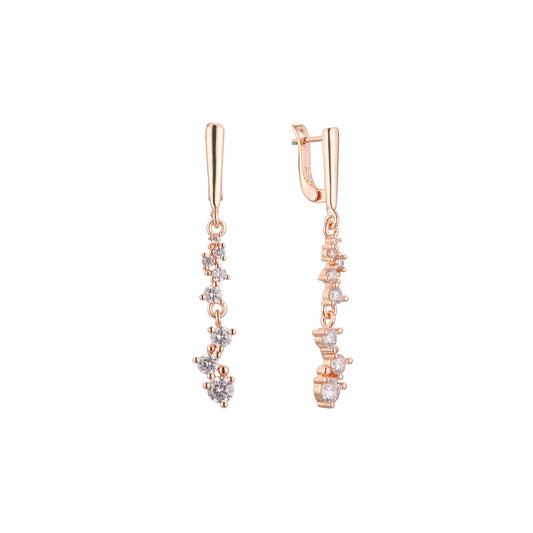 Aretes largos tipo clusterdrop en Oro de 14K, baño de Oro Rosa en colores