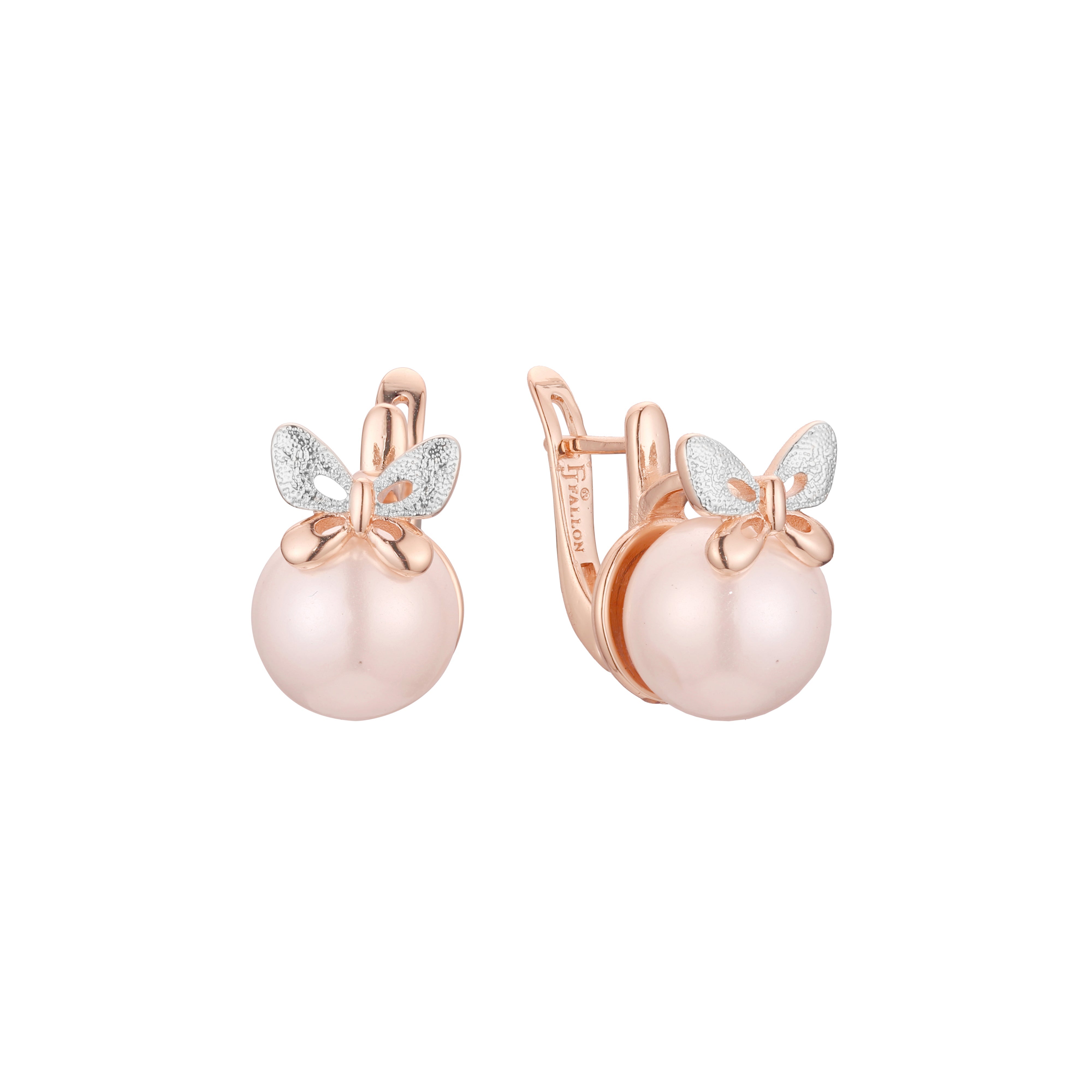 Butterfly pearl earrings in 14K Gold, Rose Gold, two tone plating colors