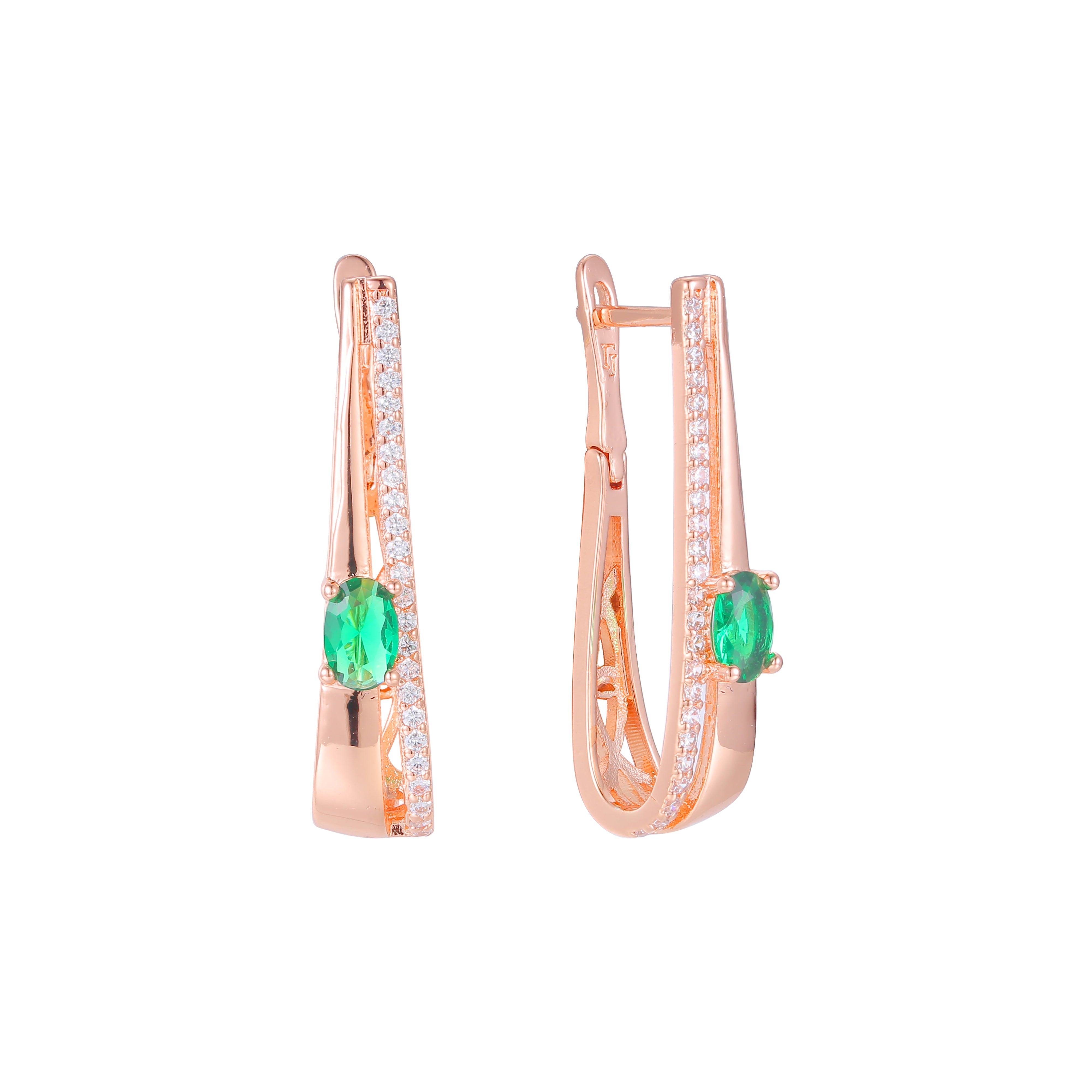 Aretes solitarios pequeños de Esmeralda en Oro de 14K, Oro Rosa, baño de dos tonos