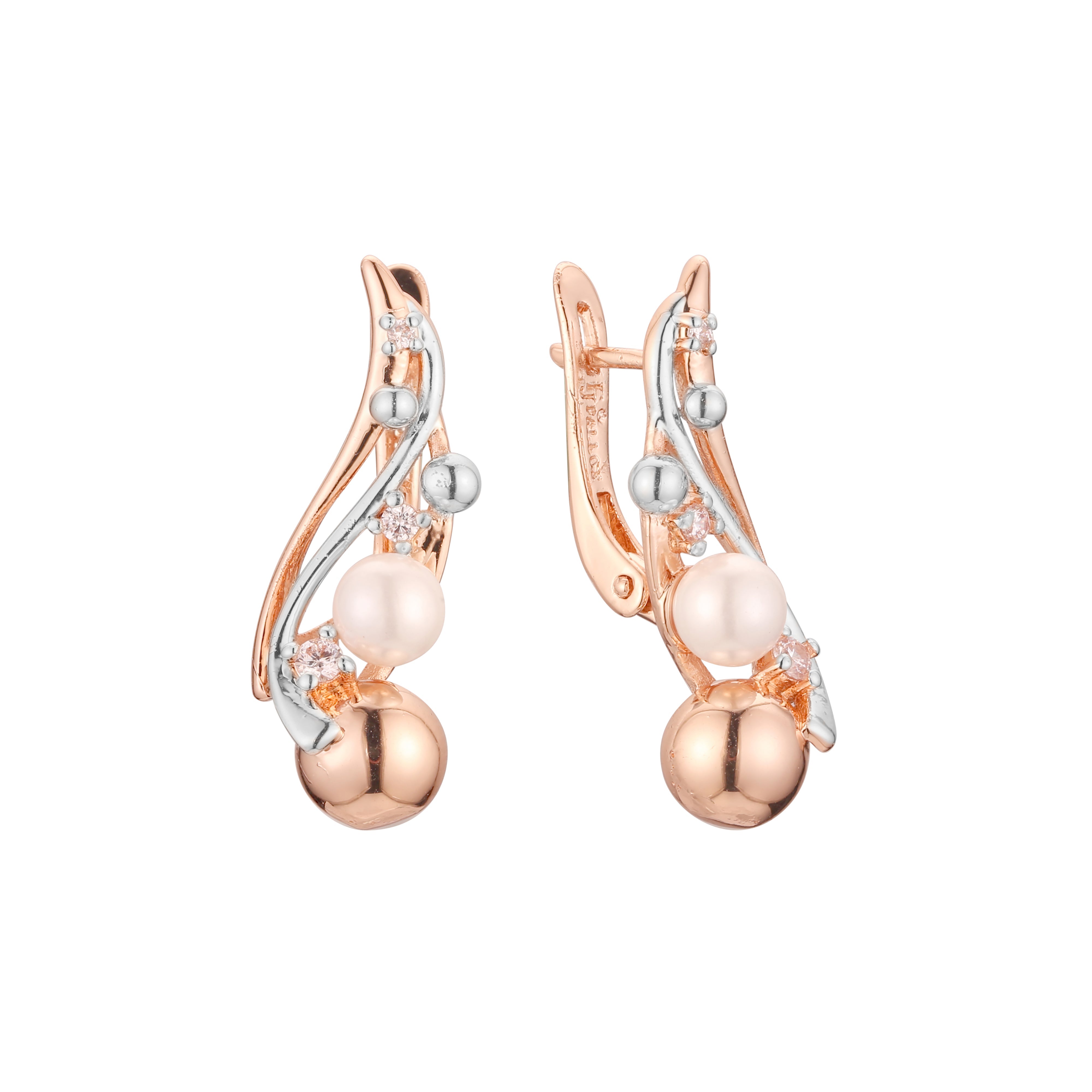 Beads and pearl 14K Gold, Rose Gold, two tone earrings